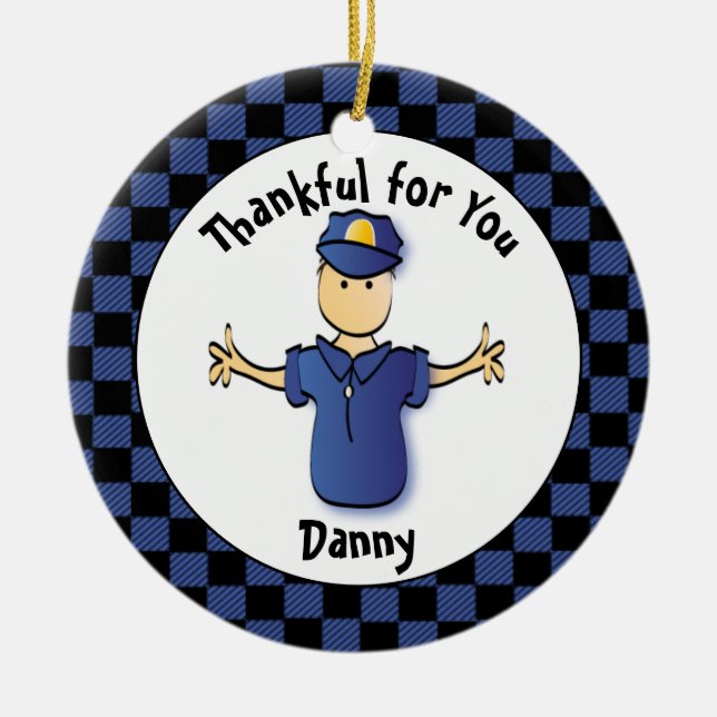 Police Officer Male Cartoon Personalize Thank You  Ceramic Ornament (Front)