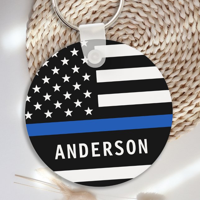 Police Officer Personalised Modern Thin Blue Line Key Ring (Creator Uploaded)
