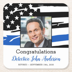 Police Officer Photo Thin Blue Line Retirement Square Paper Coaster
