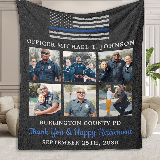 Police Officer Retirement 6 Photo Thin Blue Line F Fleece Blanket (Creator Uploaded)