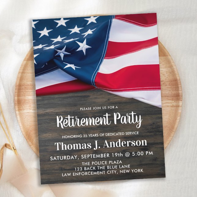 Police Officer Retirement Party American Flag Invitation Postcard (Creator Uploaded)