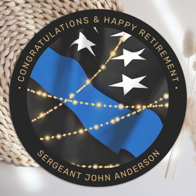 Police Officer Retirement Party Thin Blue Line Classic Round Sticker (Creator Uploaded)
