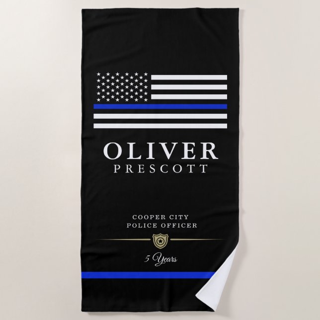 Police Officer | Service Anniversary Black Beach Towel (Front)