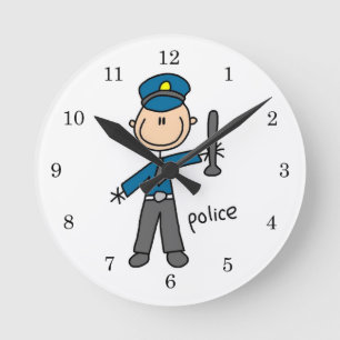 Police Officer Stick Figure Round Clock