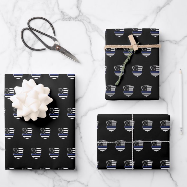 Police Officer Thin Blue Line Cop Police Badge Wrapping Paper Sheet (Front)