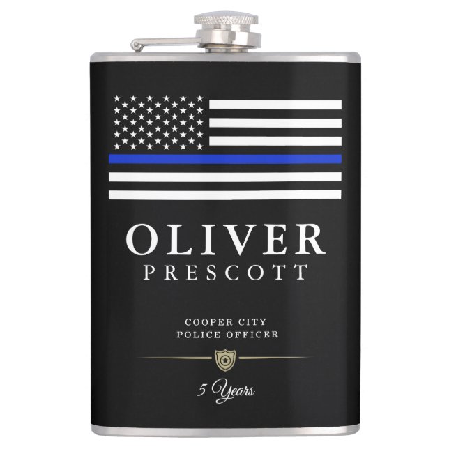 Police Officer | Thin Blue Line Themed Black Hip Flask (Front)
