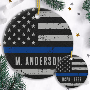 Police Officer - US American Flag Thin Blue Line Ceramic Ornament
