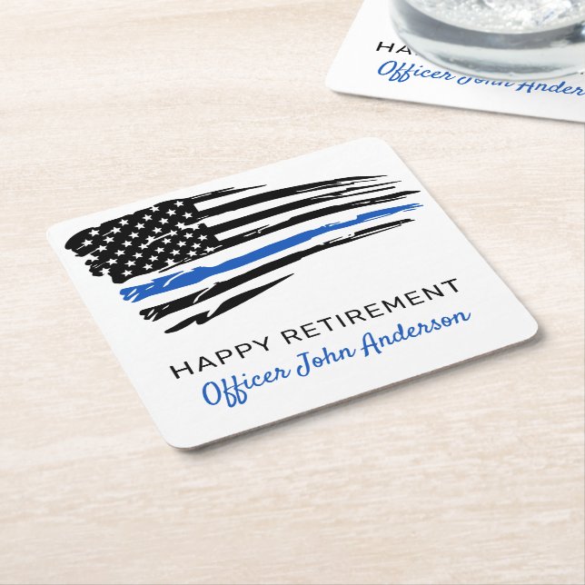 Police Party Thin Blue Line Flag Retirement Square Paper Coaster (Angled)