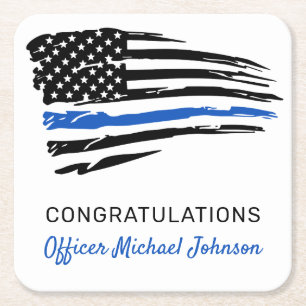 Police Party Thin Blue Line Retirement  Square Paper Coaster