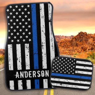Police Personalised Grunge Flag Thin Blue Line Car Mat