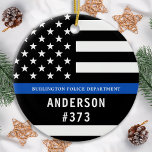 Police Personalised Thin Blue Line Law Enforcement Ceramic Ornament<br><div class="desc">Thin Blue Line Police Officer Christmas Ornament - American flag in Police Flag colours, modern black and blue design . Customise with your department name, and personalise with police officers name and badge number. This personalised law enforcement ornament is perfect for police departments and law enforcement officers, stocking stuffers and...</div>