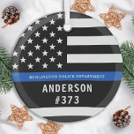 Police Personalised Thin Blue Line Law Enforcement Glass Tree Decoration<br><div class="desc">Thin Blue Line Police Officer Christmas Ornament - American flag in Police Flag colours, modern black and blue design . Customise with your department name, and personalise with police officers name and badge number. This personalised law enforcement ornament is perfect for police departments and law enforcement officers, stocking stuffers and...</div>