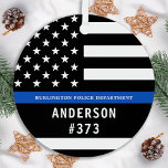 Police Personalised Thin Blue Line Law Enforcement Metal Tree Decoration<br><div class="desc">Thin Blue Line Police Officer Christmas Ornament - American flag in Police Flag colours, modern black and blue design . Customise with your department name, and personalise with police officers name and badge number. This personalised law enforcement ornament is perfect for police departments and law enforcement officers, stocking stuffers and...</div>