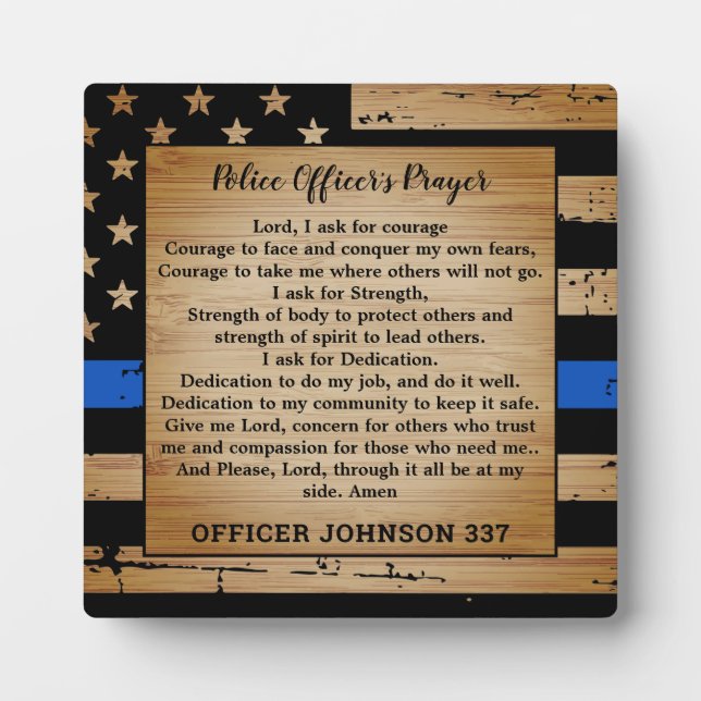 Police Prayer Rustic American Flag Thin Blue Line Plaque (Front)