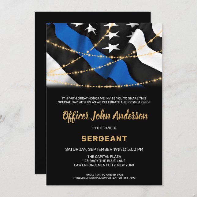 Police Promotion Law Enforcement Thin Blue Line Invitation (Front/Back)