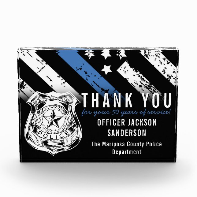 Police Retirement Anniversary Blue Line Flag Photo Block (Front)