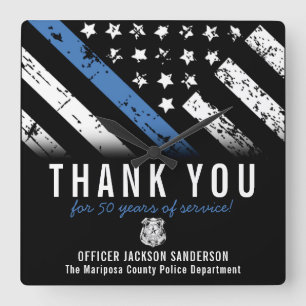 Police Retirement Anniversary Blue Line Flag Square Wall Clock