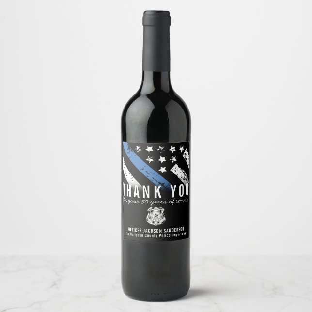 Police Retirement Anniversary Thin Blue Line Flag Wine Label (Front)