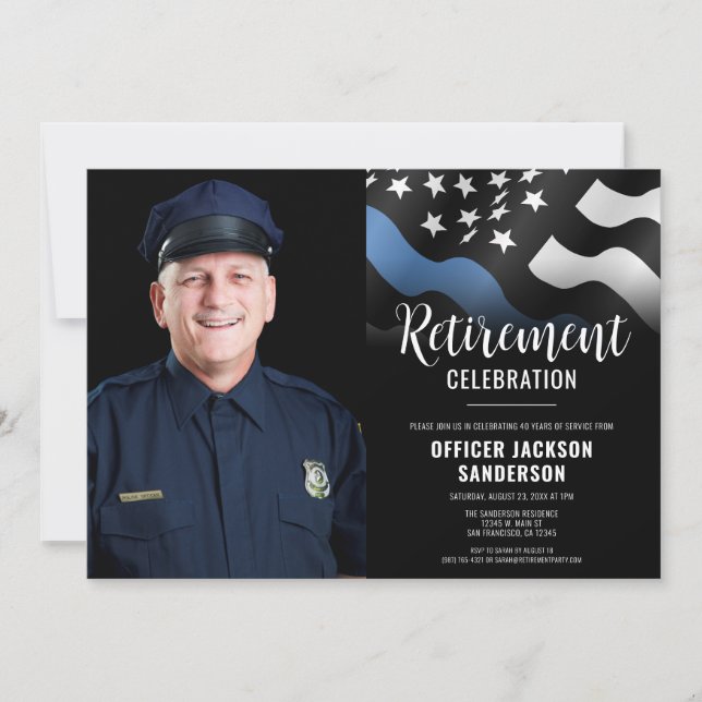 Police Retirement Blue Line Law Enforcement Photo Invitation (Front)