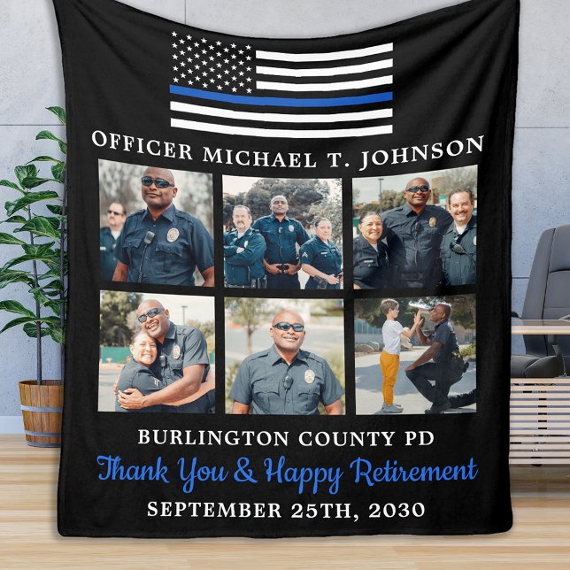 Police Retirement Custom 6 Photo Thin Blue Line Fleece Blanket (Creator Uploaded)