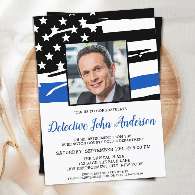 Police Retirement Custom Photo Thin Blue Line Invitation (Creator Uploaded)