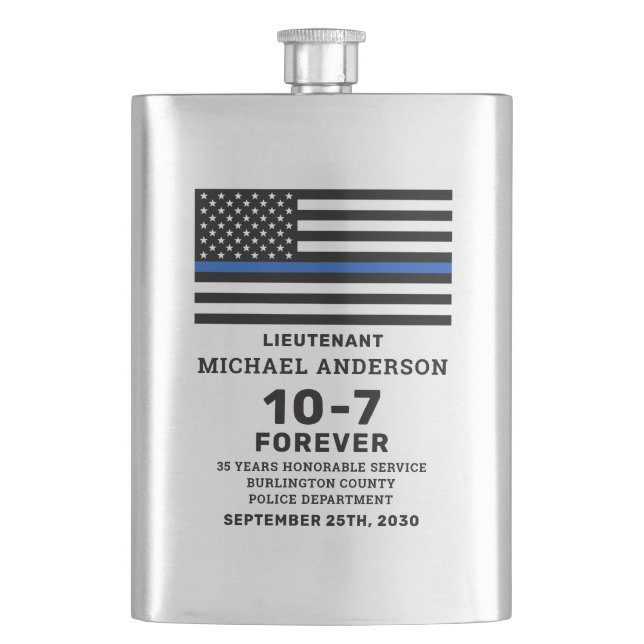 Police Retirement Gift Personalise Thin Blue Line  Hip Flask (Front)