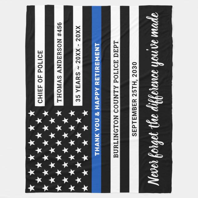 Police Retirement Gift Personalised Thin Blue Line Fleece Blanket (Front)
