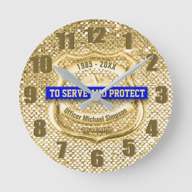 Police Retirement Gold Custom Round Clock (Front)