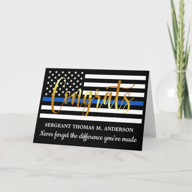 Police Retirement Gold Script Blue Line Congrats Card (Front)