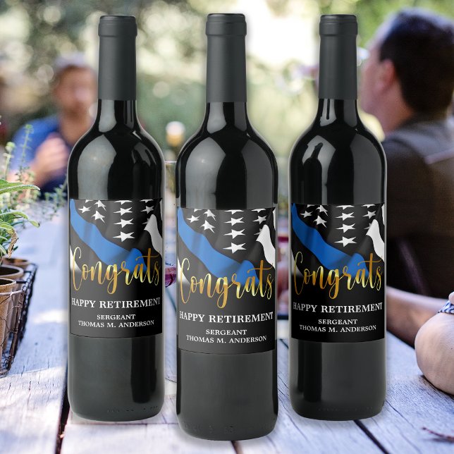 Police Retirement Party Congrats Thin Blue Line Wine Label (Creator Uploaded)