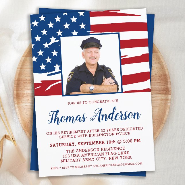 Police Retirement Party Custom Photo USA Flag Invitation (Creator Uploaded)