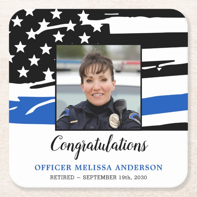 Police Retirement Party Photo Thin Blue Line Square Paper Coaster (Front)