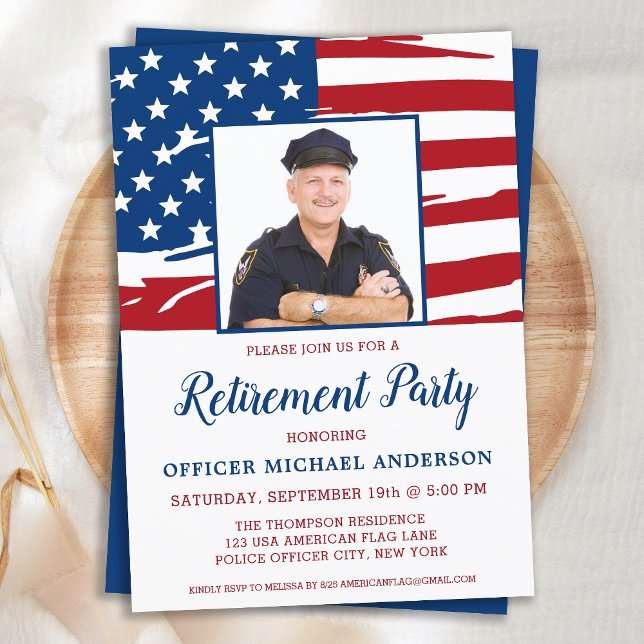 Police Retirement Party Photo USA American Flag  Invitation (Creator Uploaded)