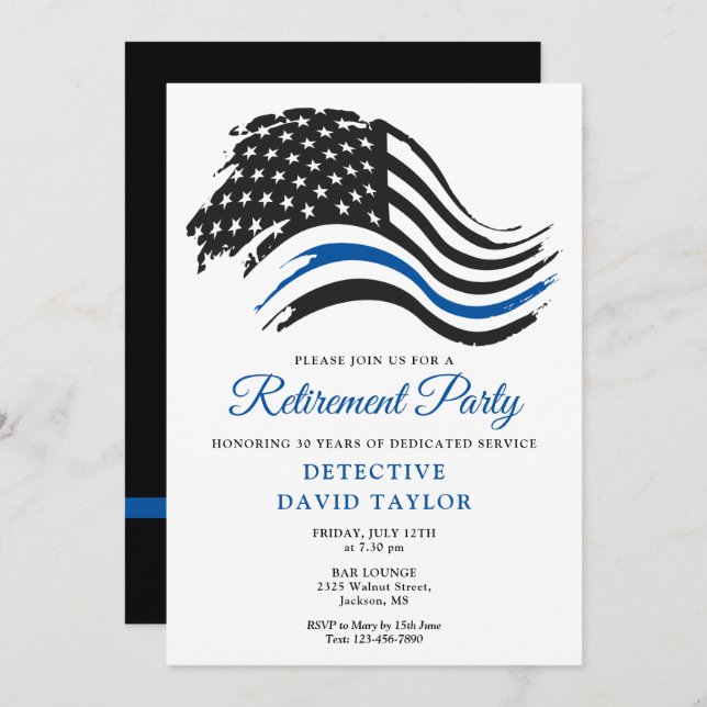 Police Retirement Party Thin Blue Line Flag Invitation (Front/Back)