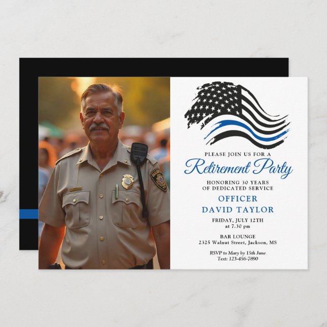 Police Retirement Party Thin Blue Line Flag Photo Invitation (Front/Back)