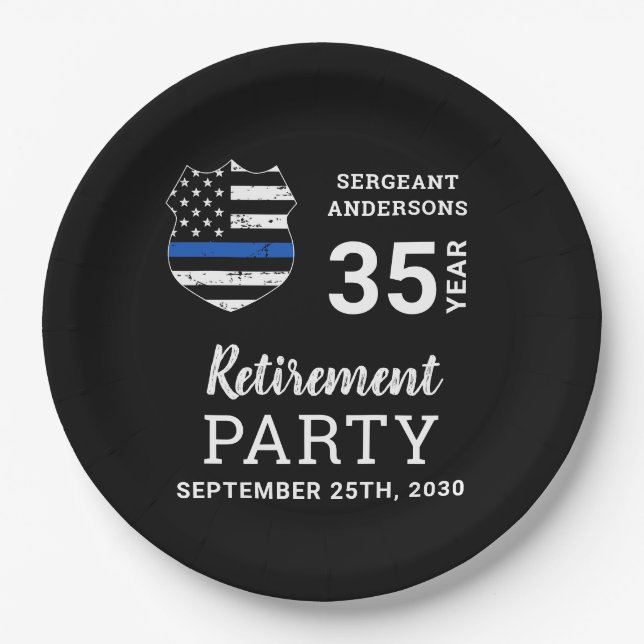 Police Retirement Personalised Thin Blue Line Paper Plate (Front)