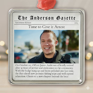 Police Retirement Photo Keepsake Newspaper Metal Ornament