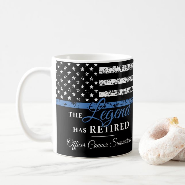 Police Retirement Thin Blue Line American Flag Coffee Mug (With Donut)