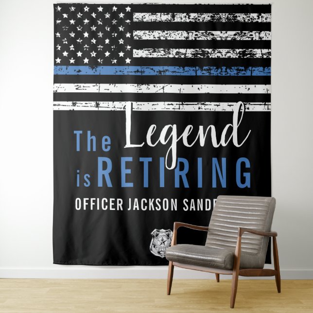 Police Retirement Thin Blue Line American Flag Tapestry (In Situ)