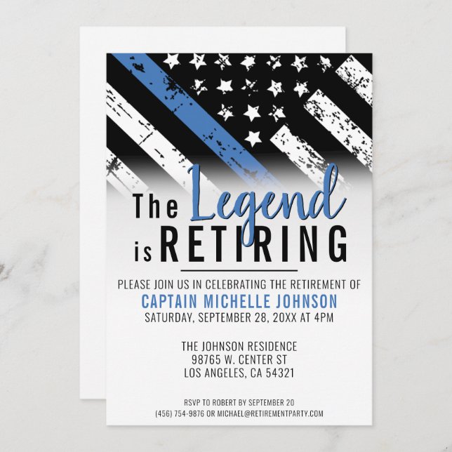 Police Retirement Thin Blue Line Flag Party Invitation (Front/Back)