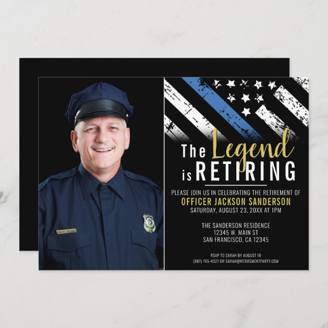 Police Retirement Thin Blue Line Flag Photo Invitation (Front/Back)