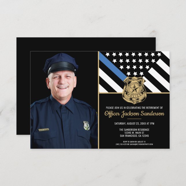 Police Retirement Thin Blue Line Flag Photo Invitation (Front/Back)
