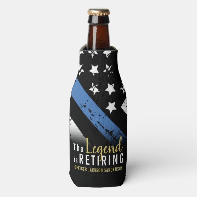 Police Retirement Thin Blue Line Law Enforcement Bottle Cooler (Bottle Front)