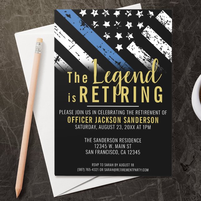 Police Retirement Thin Blue Line Law Enforcement Invitation (A perfect retirement party invitation for a retiring law enforcement police officer, chief, sheriff!)