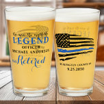 Police Retirement Thin Blue Line Personalised  Glass<br><div class="desc">The Man The Myth The Legend! Thin Blue Line Police Retirement Beer Glass . USA American flag design in Police Flag colours, modern trendy black white and blue design. Personalise with police officers name, department and retirement date. See our collection for matching police retirement invitations, police gifts, police retirement party...</div>