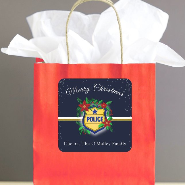 Police Shield With Poinsettias Merry Christmas  Square Sticker (Creator Uploaded)