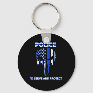 Police Skull Design Tribute With Blue Line Key Ring