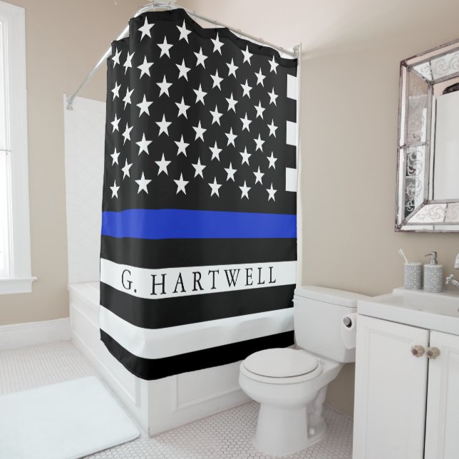 Police Styled American Flag Custom Name Shower Curtain (In Situ)