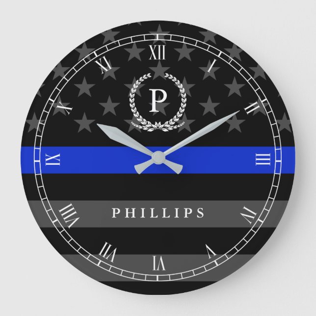 Police Styled American Flag Monogram Large Clock (Front)