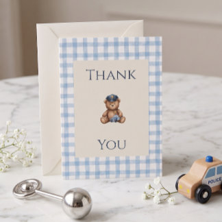 Police Teddy Bear Gingham Baby Shower Thank You Card